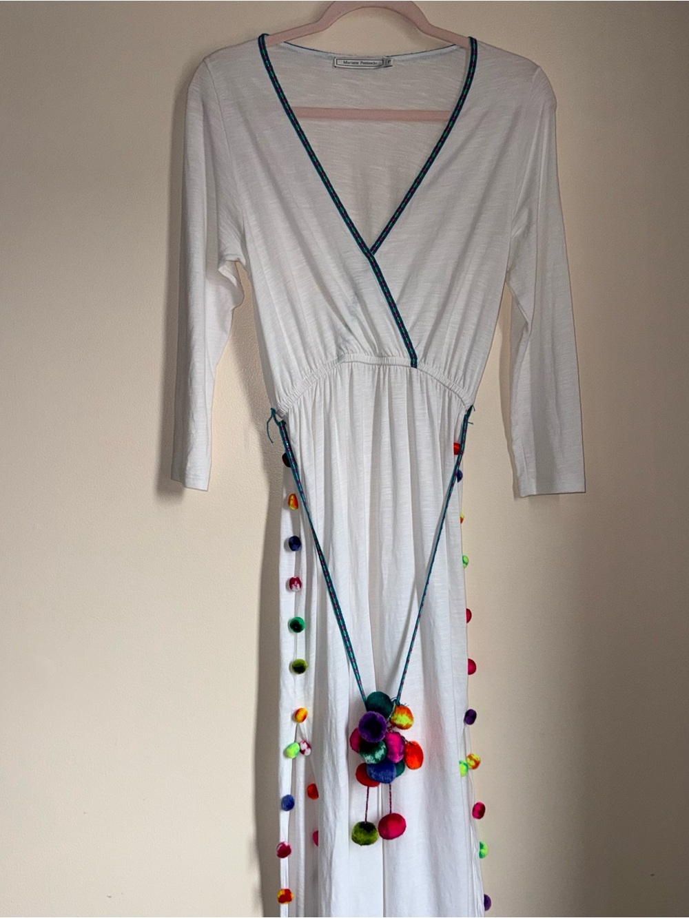 Mariana Penteado White Pom Pom Trim Summer Dress/Cover Up Size Petite
